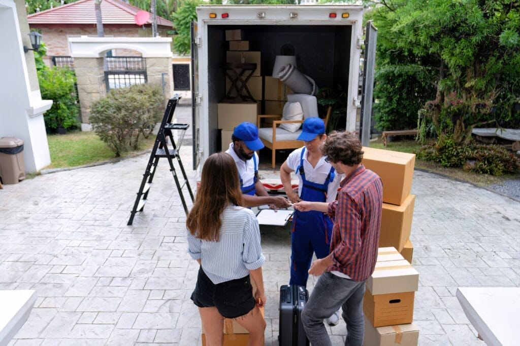 Movers in the middle of unloading personal belongings from a truck while the owners come to inspect and sign the documents for receiving back the goods
